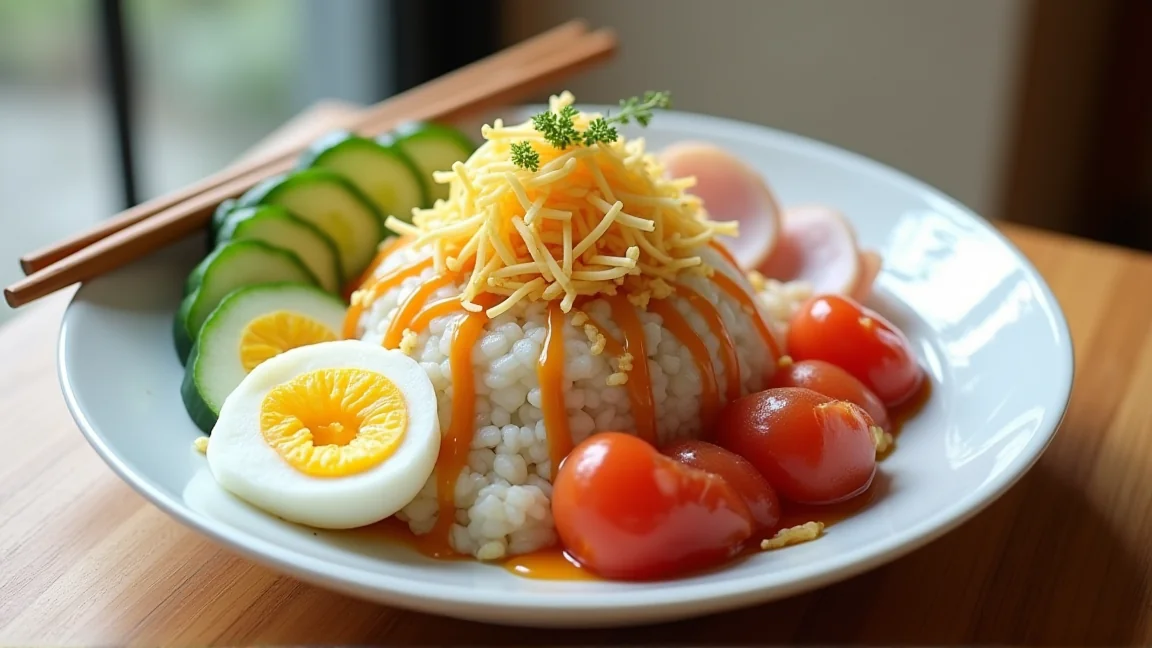 ごまだれをかけた冷やし中華の皿、きゅうり・ハム・卵をトッピングした様子