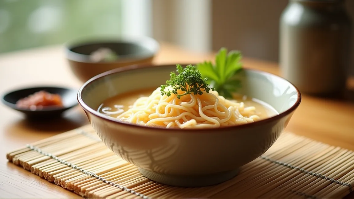 竹ざるに盛った冷やし中華と小皿のタレ、夏らしい食卓