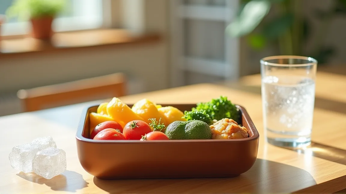 夏の食卓に置かれたお弁当箱と保冷剤