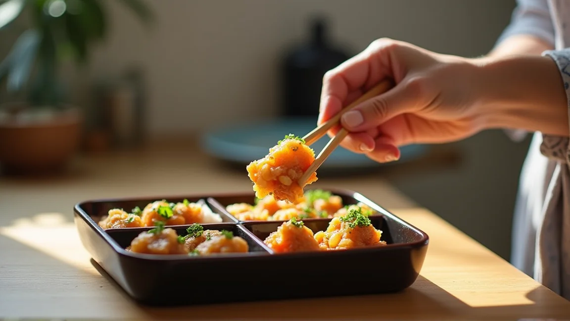 しっかり冷ましたおかずを菜箸で詰める手元