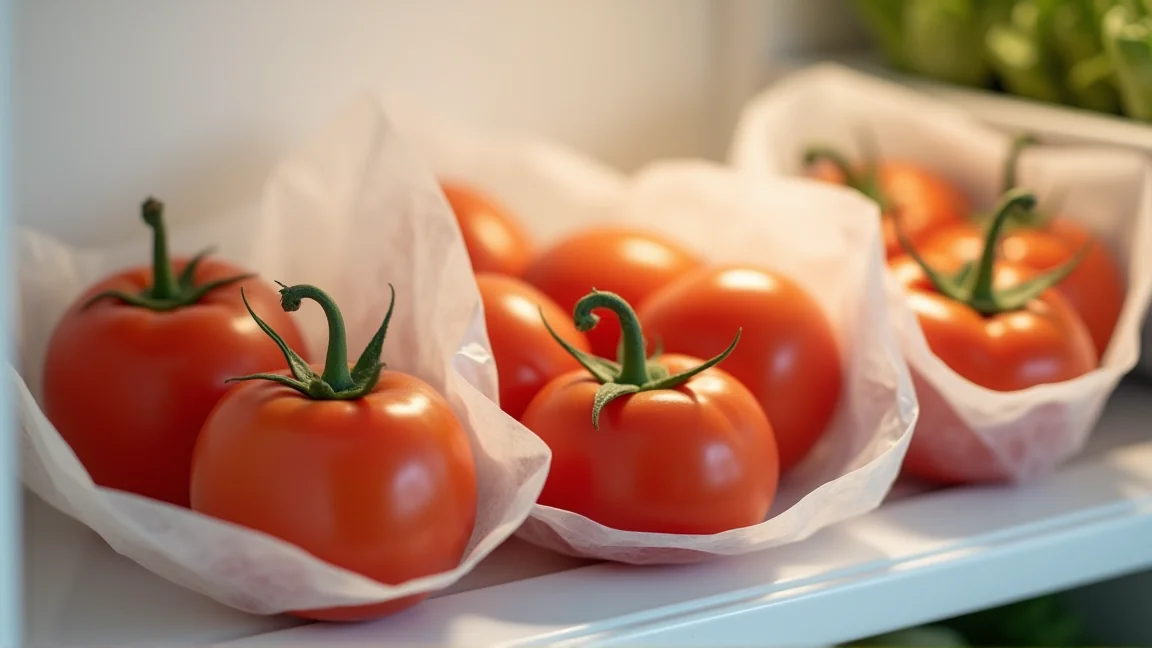 個包装したトマトを冷蔵庫の野菜室に入れる様子