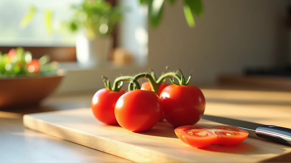 明るいキッチンで完熟トマトを調理する食卓の様子