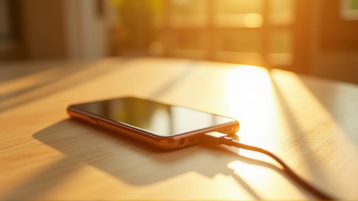 直射日光の当たる屋外で発熱したスマートフォンと充電ケーブル