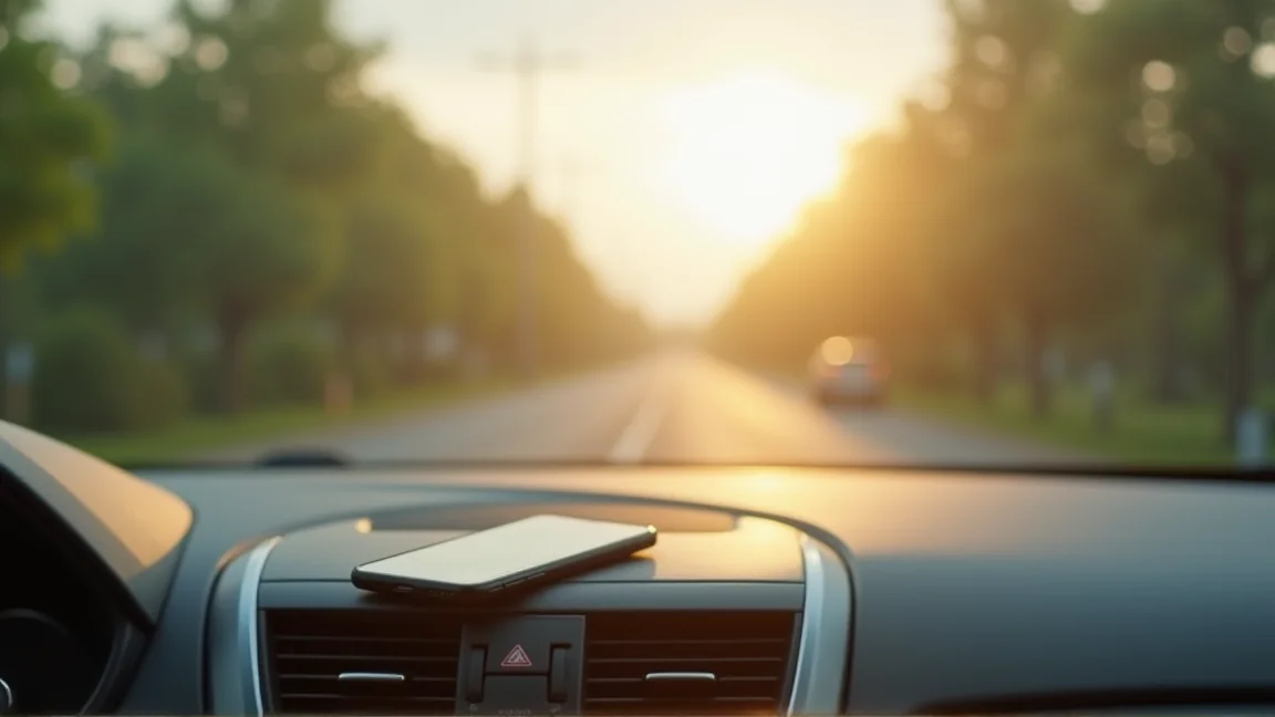 真夏の車のダッシュボードに置かれたスマホと差し込む強い日差し