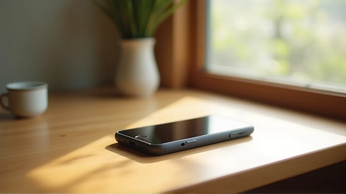 風通しのよい日陰の机でケースを外して自然に冷ましているスマホ