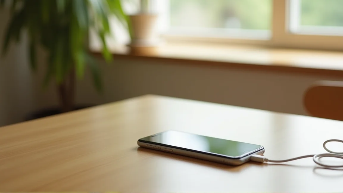 涼しい室内で常温に戻ってから充電しているスマホ