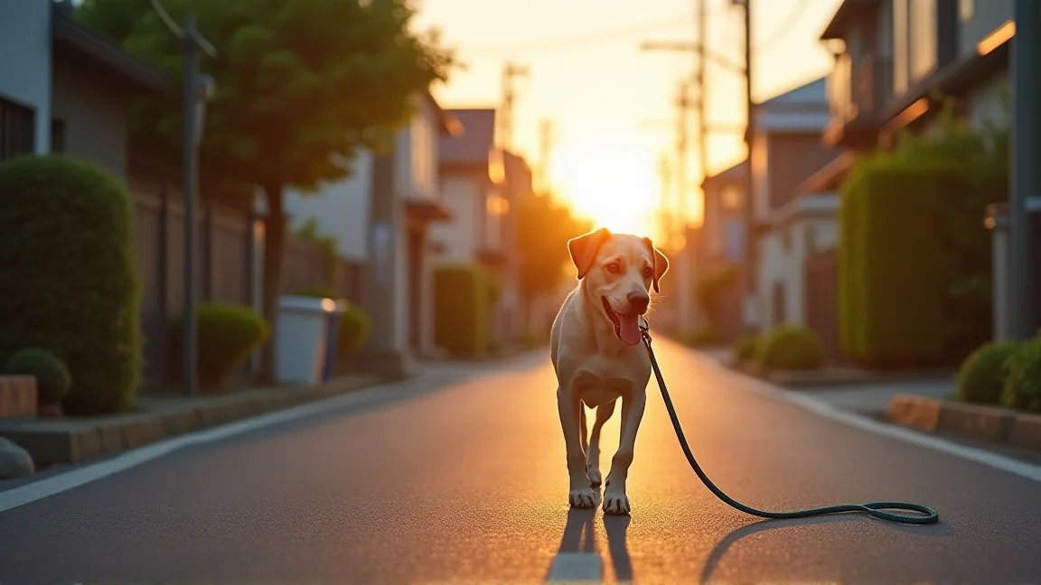 日の出前後の涼しい住宅街を歩く犬とリード