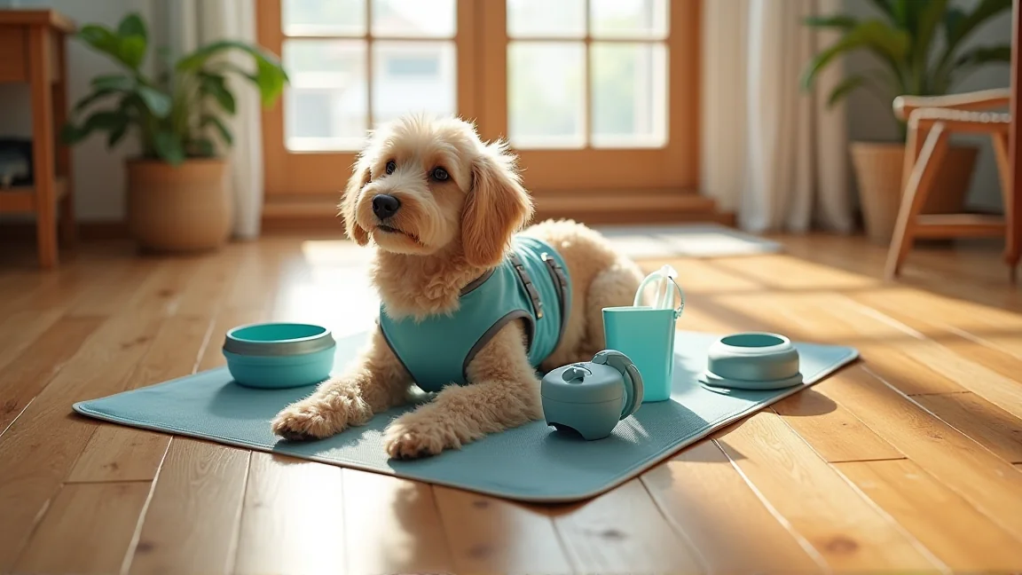 犬用の携帯水筒と保冷剤入りクールベスト、折りたたみボウルを並べた様子