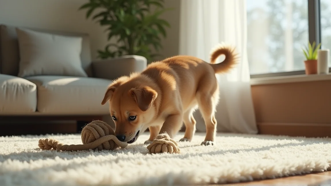 リビングで知育トイやロープのおもちゃで遊ぶ犬