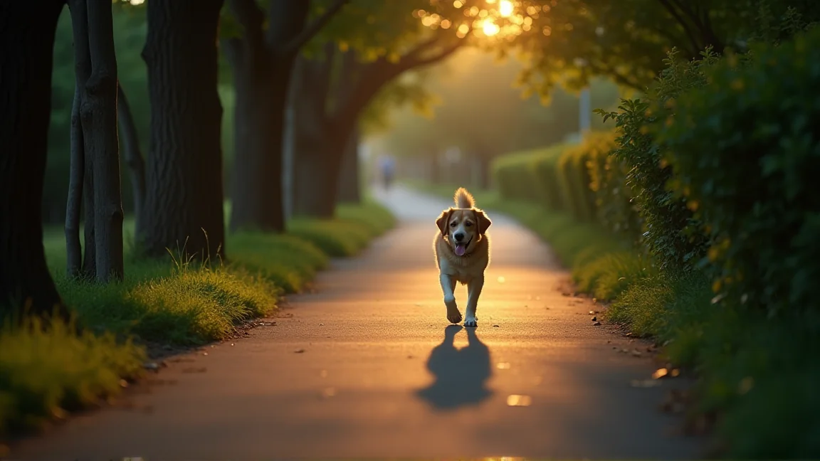 夕暮れの涼しい時間に散歩する犬のシルエット