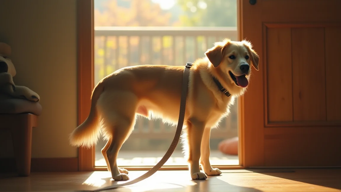 涼しい朝の光の中でリードをつけて出発する犬