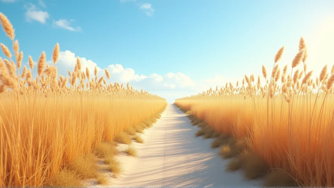 秋晴れの空とすすきが揺れる散歩道
