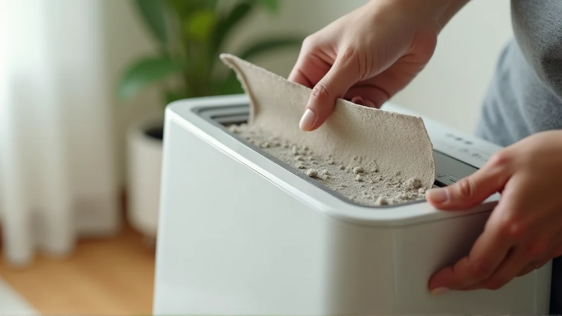 除湿機のフィルターに付いたホコリを確認している手元