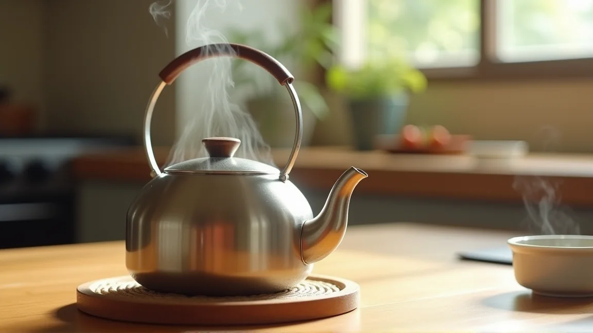 やかんで煮出した麦茶を鍋敷きの上で冷ましている様子