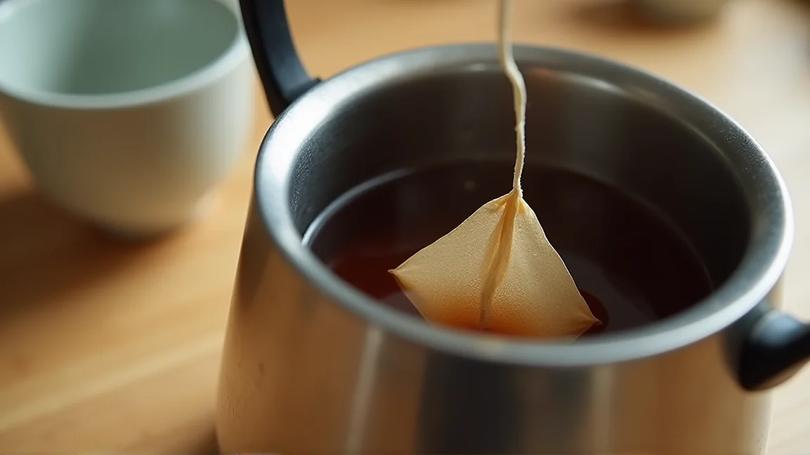 麦茶のティーバッグがやかんの中に入ったまま残っている様子