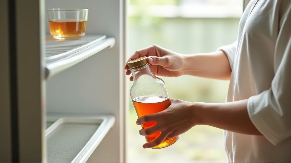 清潔な保存ボトルに麦茶を注ぎ入れて冷蔵庫にしまう様子