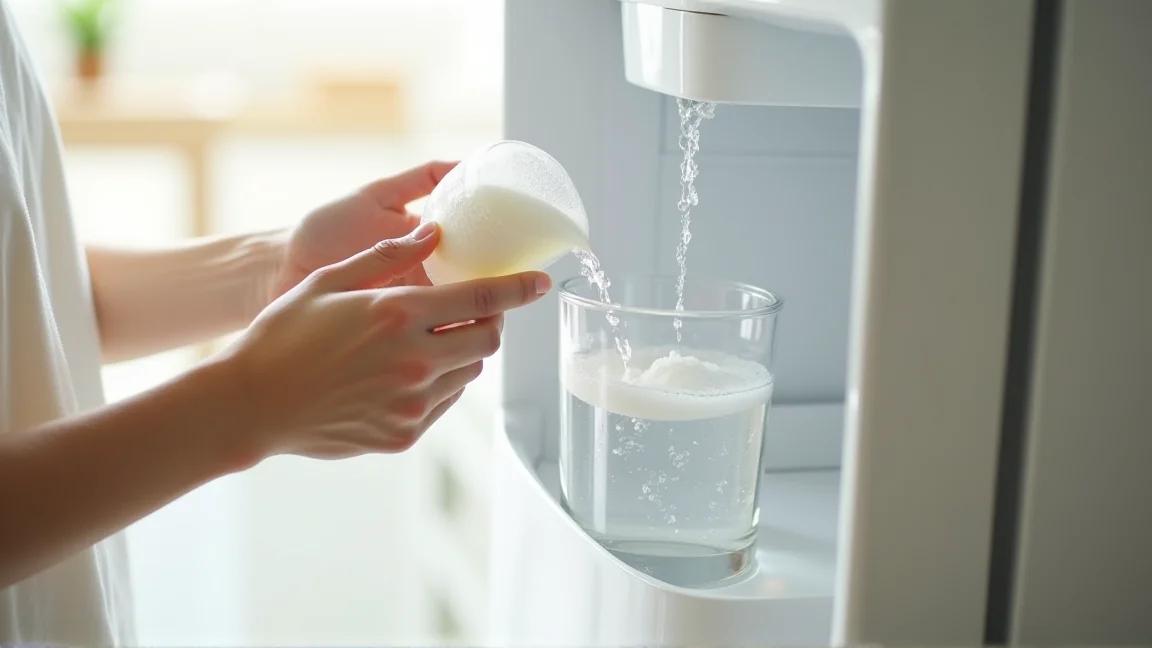 クエン酸を水に溶かして給水タンクに注ぐ手元