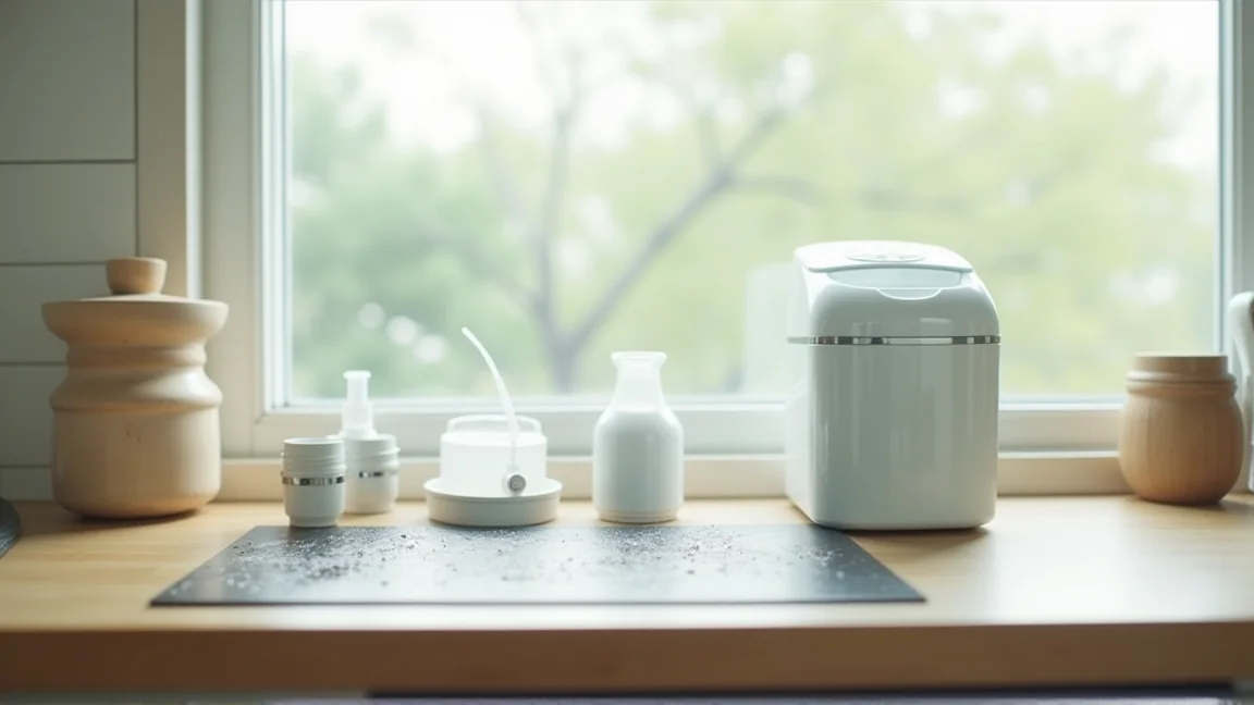 きれいに洗い終えた製氷機の部品をキッチンに並べた様子