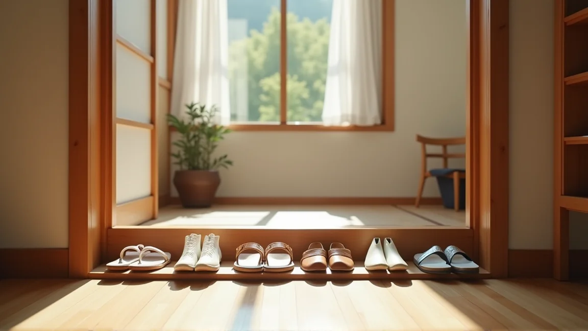 玄関の下駄箱に並んだ数種類のサンダル