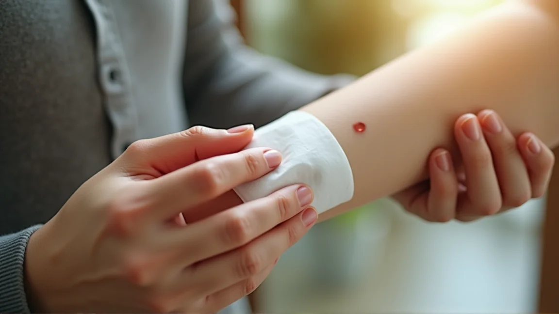 蜂に刺された腕を保冷剤で冷やしている手元