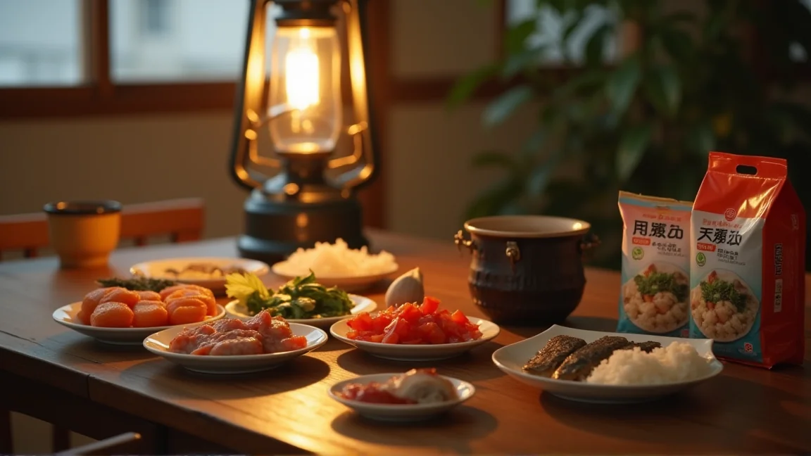 テーブルに並んだ缶詰やレトルトご飯とカセットコンロ