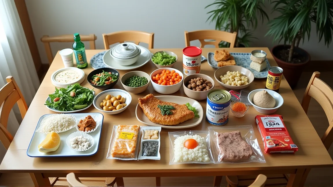 停電を想定してテーブルに並べた3日分の備蓄食料