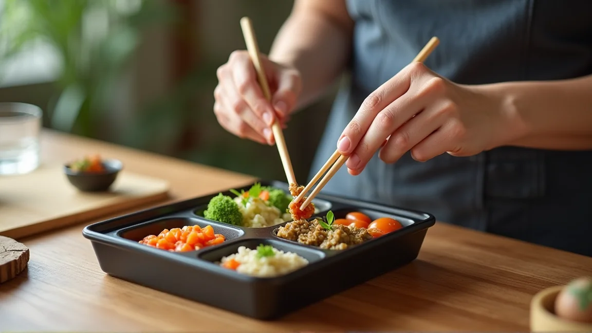 清潔な菜箸で作り置きおかずをお弁当箱に詰めている手元