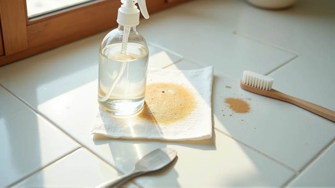 こびりついた汚れにペーパーをのせてふやかす湿布掃除の様子