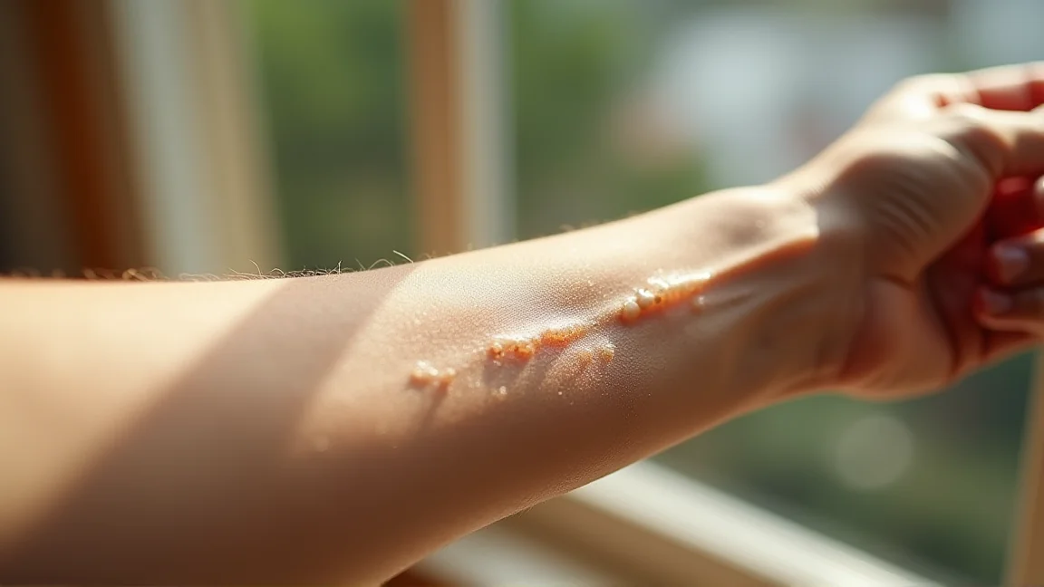 日焼けで皮がむけ始めた腕の肌のクローズアップ