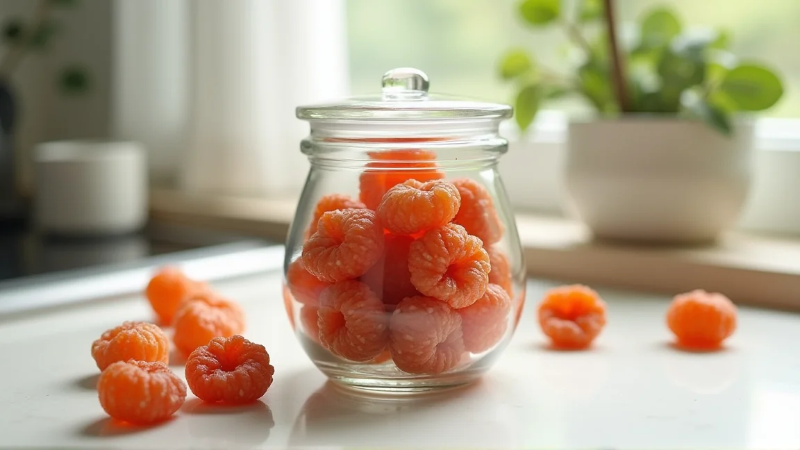 白く塩をふいた干し上がりの梅干しを清潔な保存瓶に入れた様子