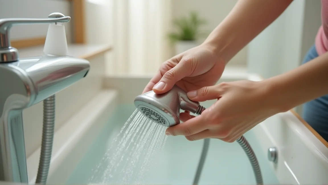 節水シャワーヘッドを手で取り付ける様子