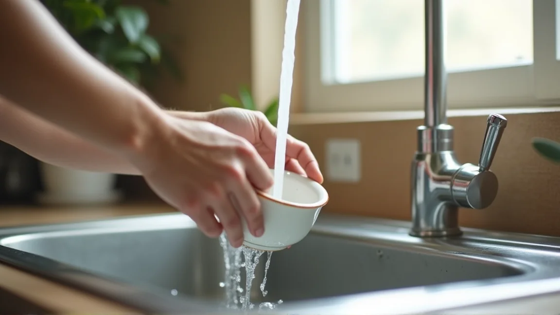 キッチンのシンクで水を使って食器を洗う手元