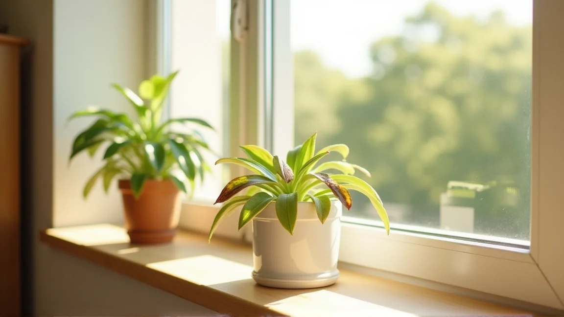 夏の強い日差しが差し込む窓辺に置かれた観葉植物