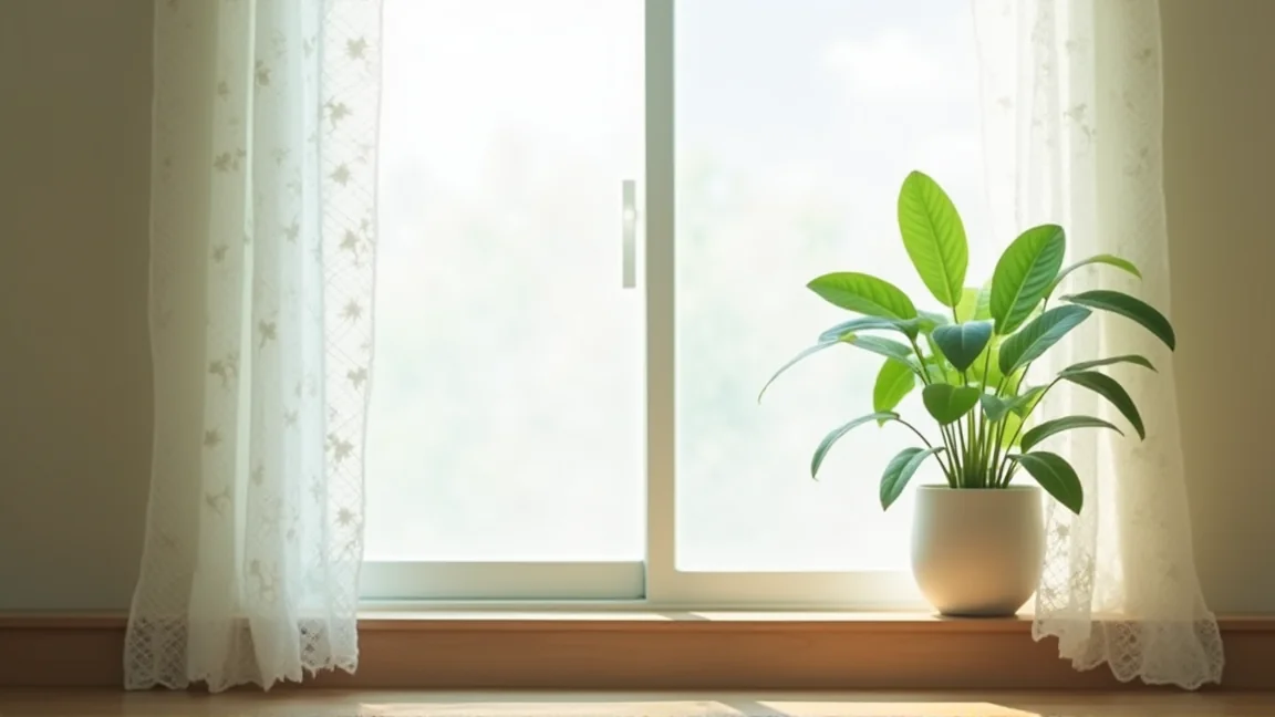 レースカーテン越しのやわらかい光が当たる観葉植物