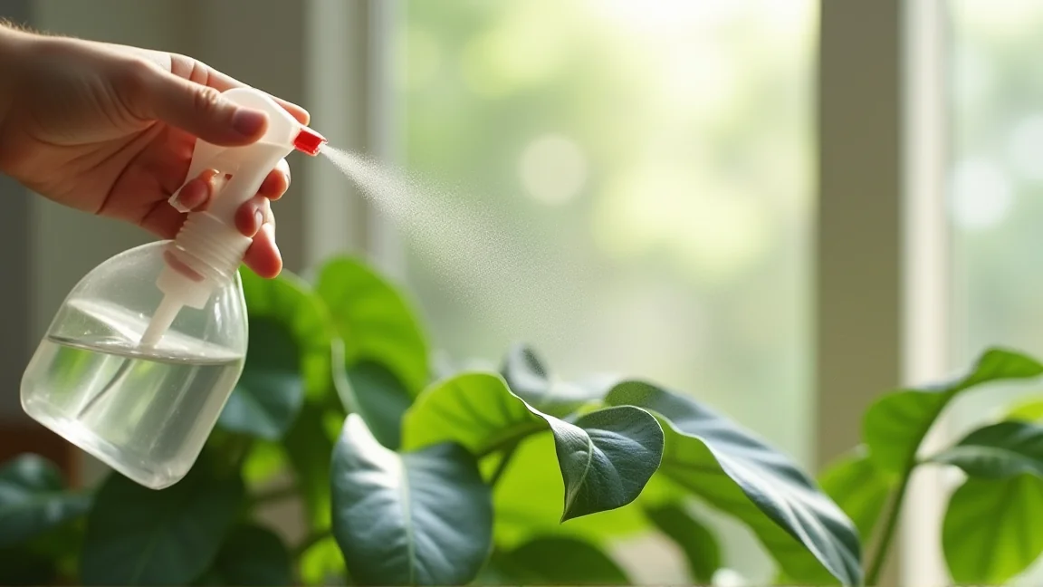 霧吹きで観葉植物の葉に葉水をする様子