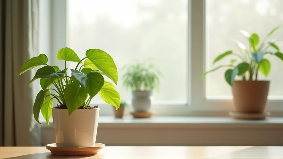 明るい室内で元気に葉を広げる観葉植物