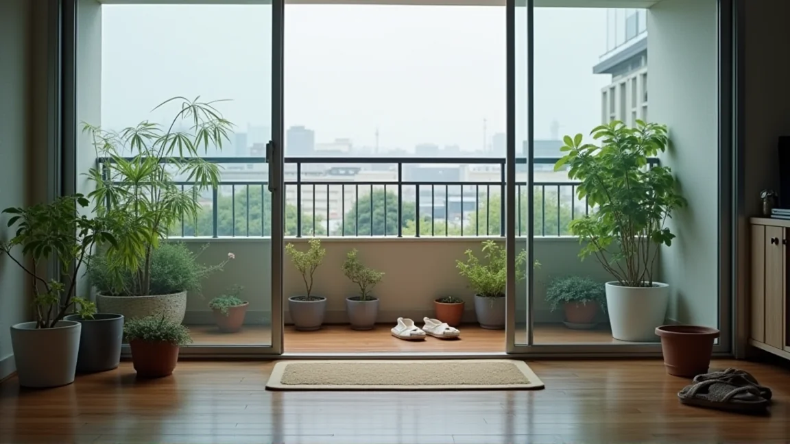 台風前に植木鉢やサンダルを片付けた整然としたベランダ