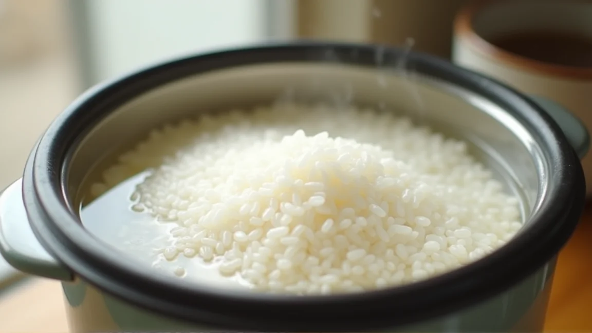 炊飯器の内釜に注いだ水に浸されたお米のクローズアップ