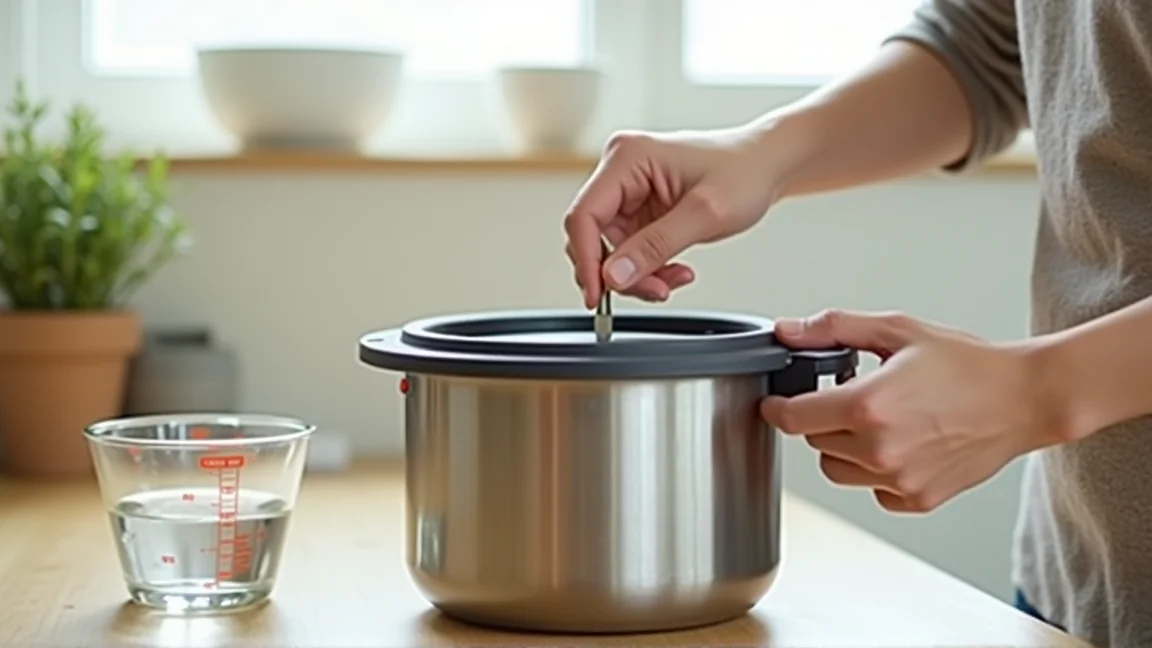 計量カップと炊飯器のそばで水加減を確認する手元
