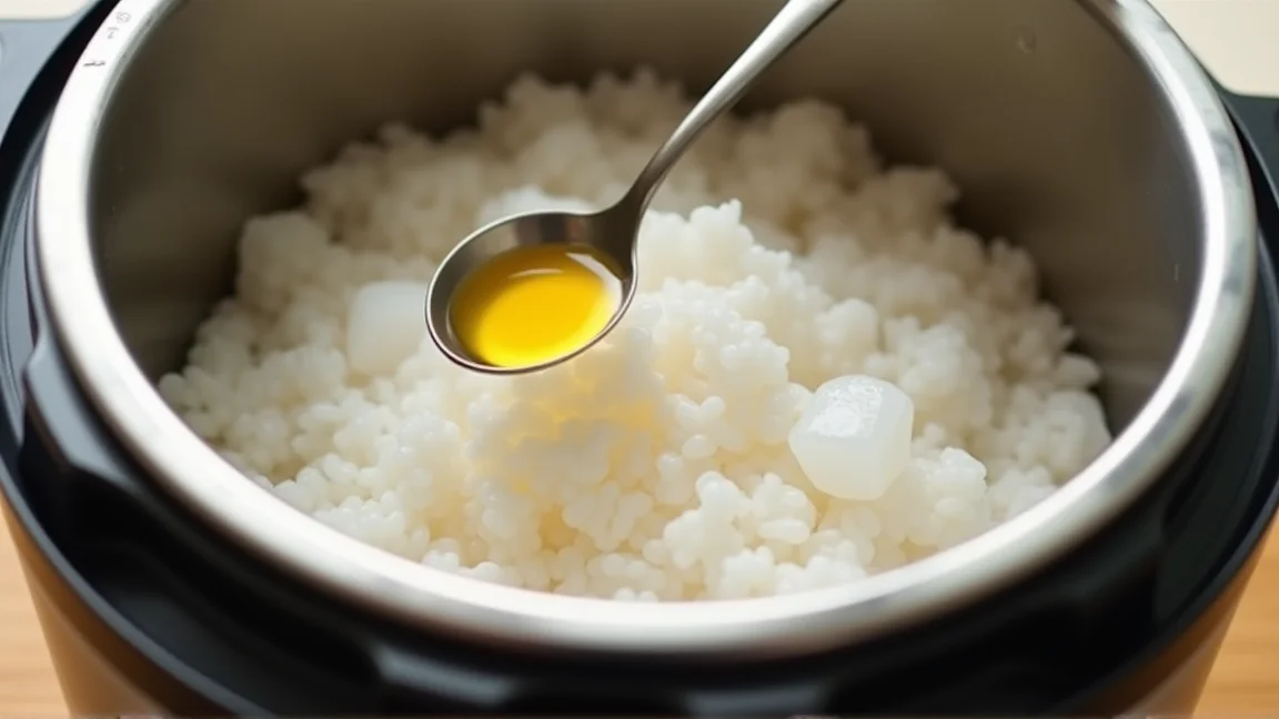炊飯前のお米の上にのせた氷と小さじの油