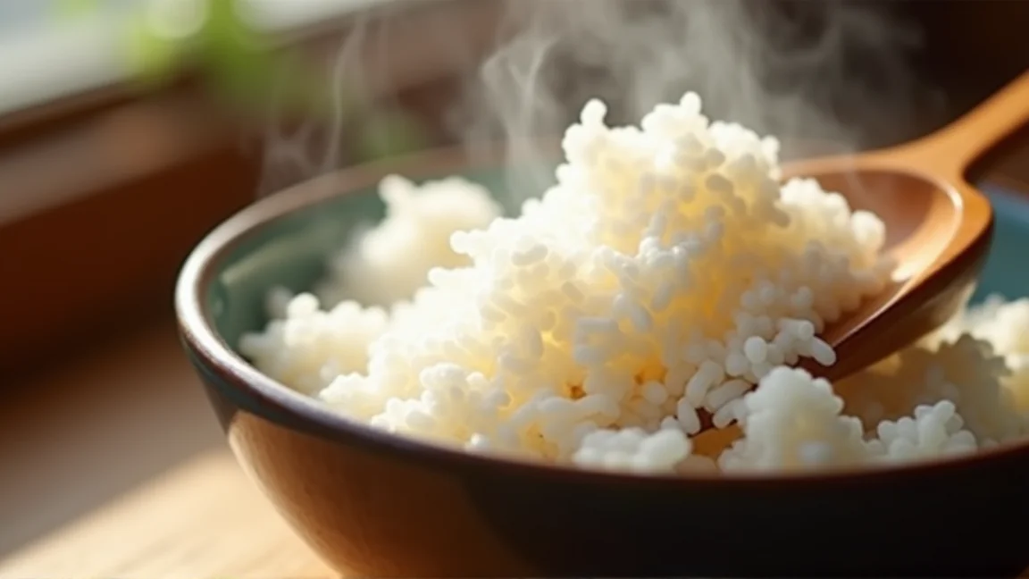 炊き上がったご飯を茶碗によそう様子