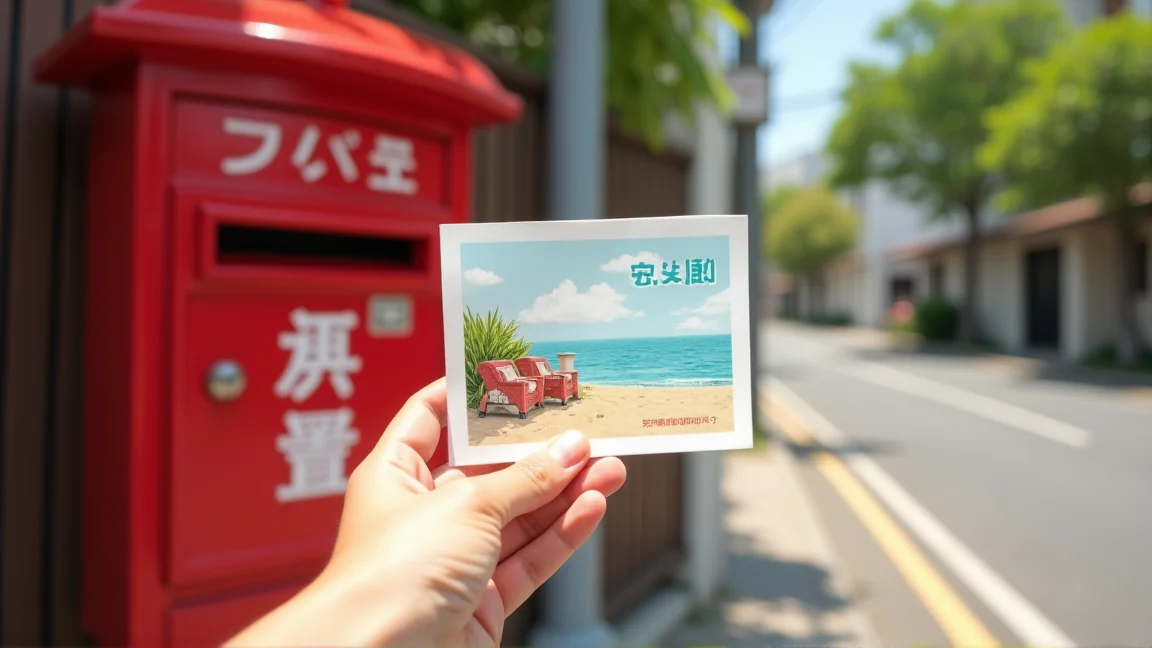 投函を待つ残暑見舞いのはがきと赤いポスト