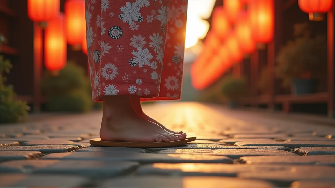 下駄を履いた浴衣姿の足元と夏祭りの提灯