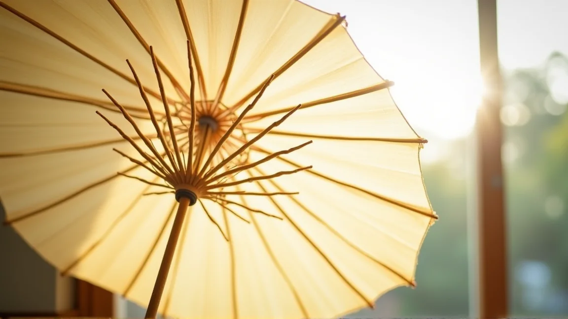 夏の強い日差しの下で開いた日傘のキャノピー