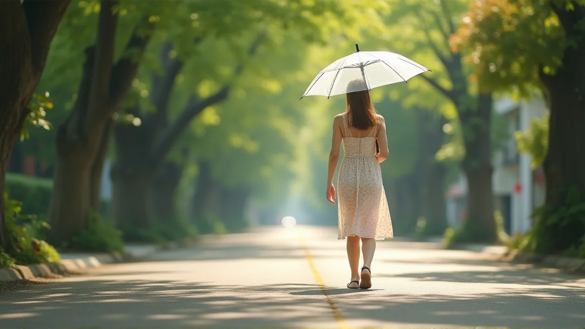 夏の並木道で日傘をさして歩く足元