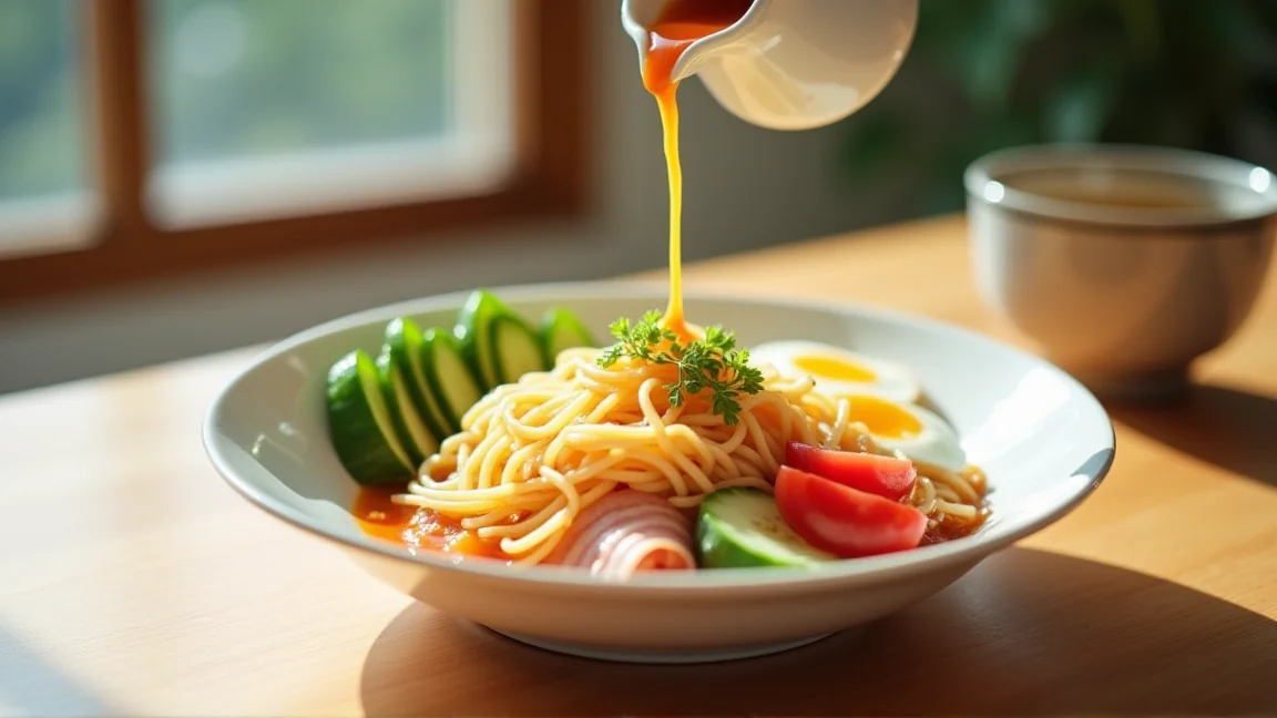 完成した冷やし中華にタレをかける様子