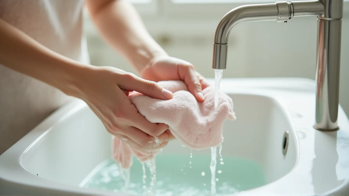洗面台で水着をぬるま湯のシャワーですすぐ様子