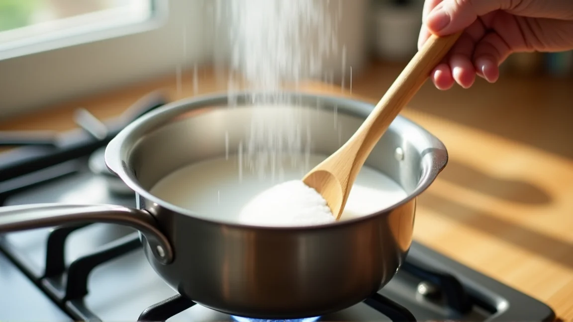 小鍋で砂糖と水を煮溶かしてシロップのベースを作る様子