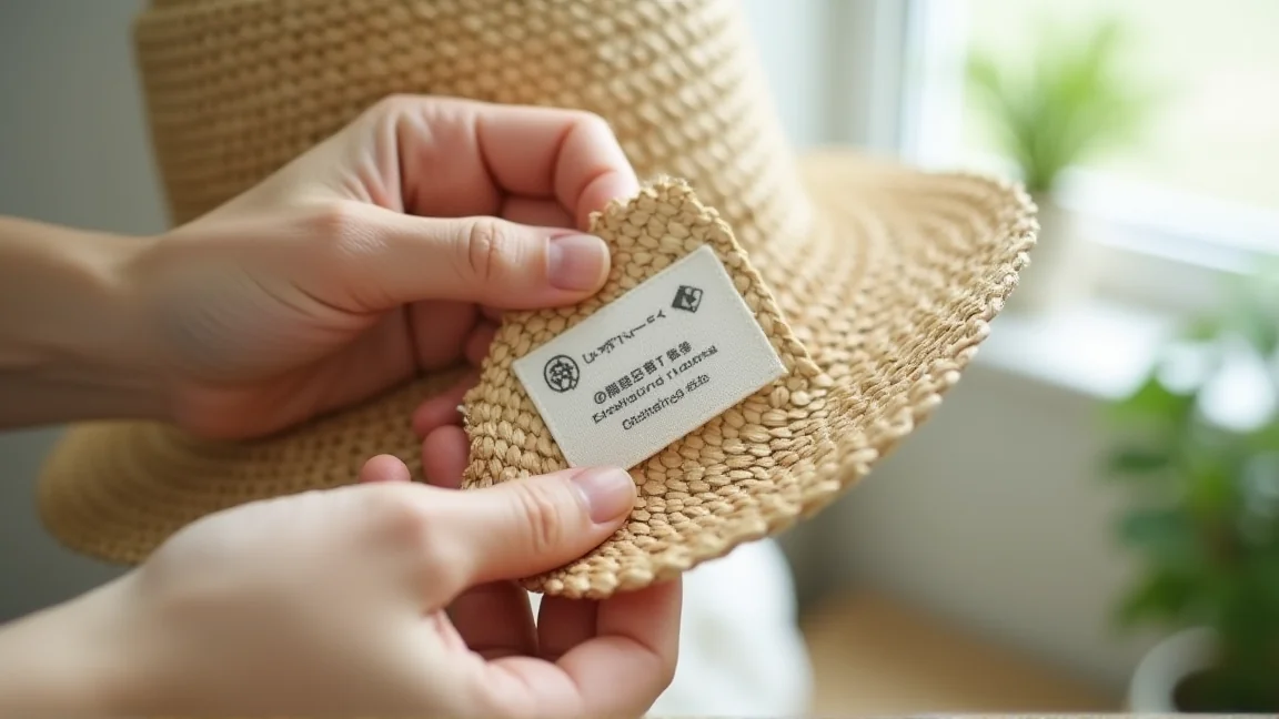 麦わら帽子の内側にある洗濯表示タグを指でめくって確認している手元