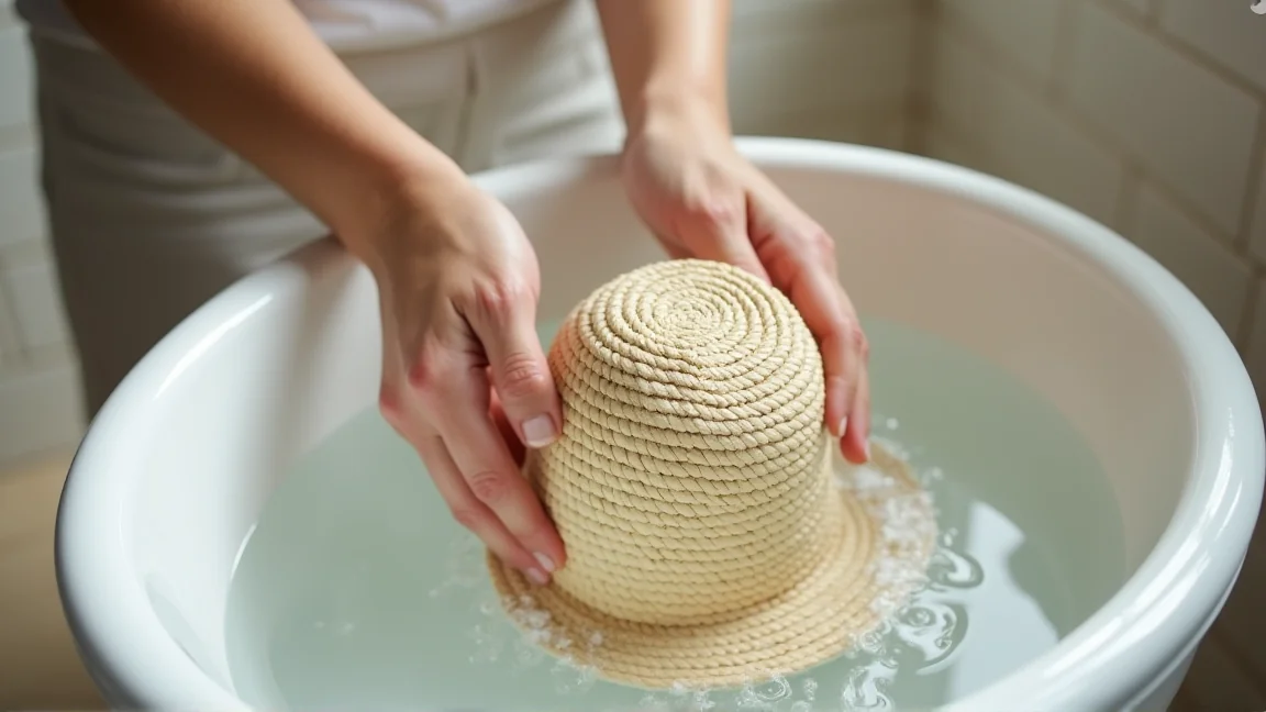 洗面器のぬるま湯に浸した麦わら帽子を手のひらで優しく押し洗いしている様子
